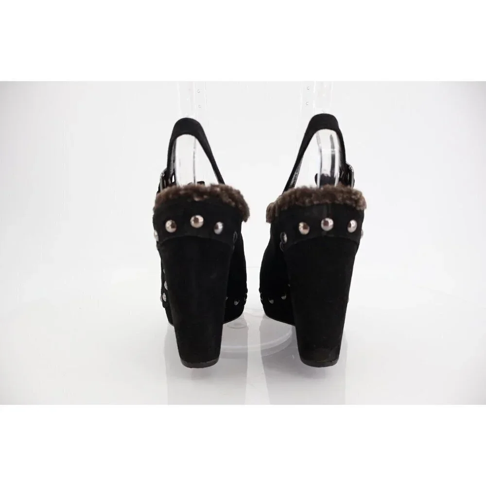 Stuart Weitzman Clogger Mules Women's Size 5.5 Black Wedge Platform Suede Fur